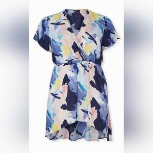 Torrid Babydoll Multicolor Watercolor Gauzy Plunge Babydoll Tunic Top Blouse 2X